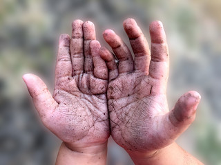 Dirty hands of boy child after playing in the garden