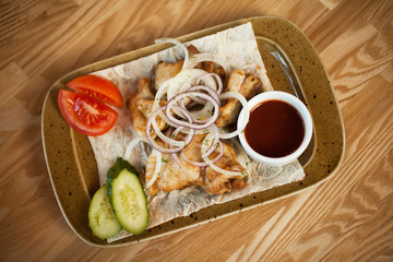 Chicken skewers with vegetables. Top view