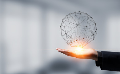 Global connection concept with digital planet in hands, network connection, international meaning,...