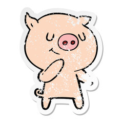 distressed sticker of a happy cartoon pig