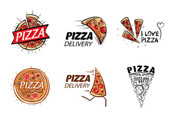 Logo of a sketched pizza. Vector illustration on white background