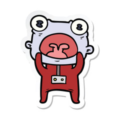 sticker of a cartoon weird alien communicating