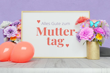 Glückwünsche: Alles Gute zum Muttertag. Schriftzug auf Bilderrahmen umgeben von Blumen und Luftballons als Dekoration. Patell-Töne