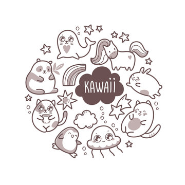 Kawaii cute round illustration with super cute animals and elements. Vector outline llustration.