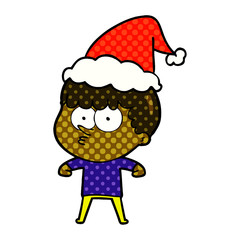 comic book style illustration of a curious boy wearing santa hat