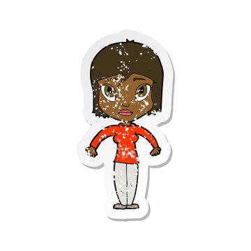 recommend clip art: retro distressed sticker of a cartoon woman shrugging shoulders