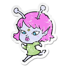 distressed sticker of a pretty cartoon alien girl running