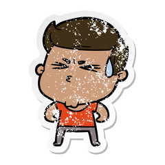 distressed sticker of a cartoon man sweating