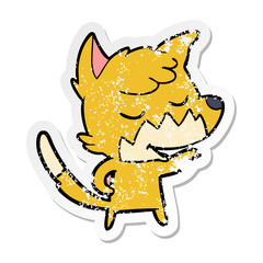 distressed sticker of a friendly cartoon fox