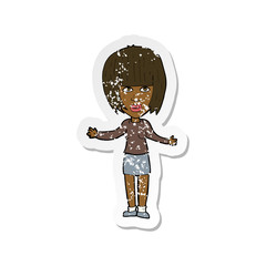 retro distressed sticker of a cartoon woman shrugging shoulders