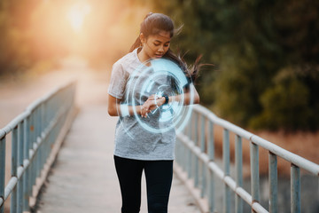 Running man with smart watch. Concept of The technology to check health while exercising.
