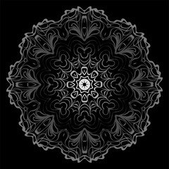 Design With Floral Mandala Ornament. Vector Illustration. Oriental Pattern. Indian, Moroccan, Mystic, Ottoman Motifs. Anti-Stress Therapy Pattern. Black, silver color