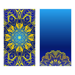 Invitation Or Card Template With Floral Mandala Pattern. The Front And Rear Side. Vector Illustration. Blue yellow color