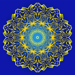 Decorative Round Ornament Mandala From Floral Elements. Vector Illustration. Oriental Pattern. Indian, Moroccan, Mystic, Ottoman Motifs. Anti-Stress Therapy Pattern. Blue, yellow color
