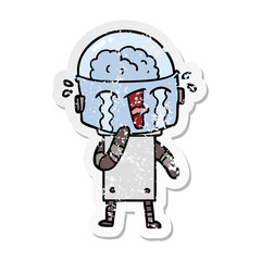 distressed sticker of a cartoon crying robot