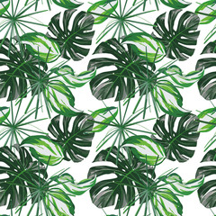 Green tropical leaves seamless white background