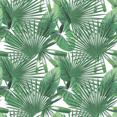 Tropical leaves seamless pattern white background