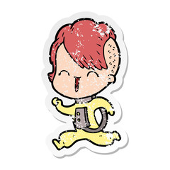 distressed sticker of a cartoon happy hipster girl wearing space suit