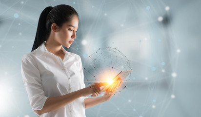business woman working on tablet, concept of professional Business person.Media technologies for future of business.