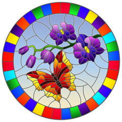 Illustration in stained glass style with a branch of purple Orchid and bright butterfly on a blue background, round image in bright frame
