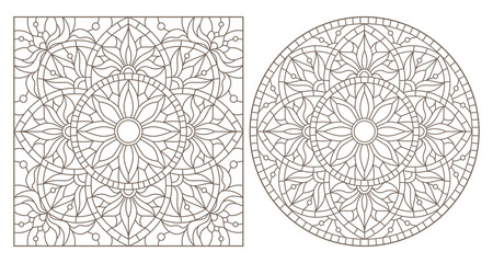 Set of contour illustrations with abstract floral patterns, round and square image, dark contours on white background