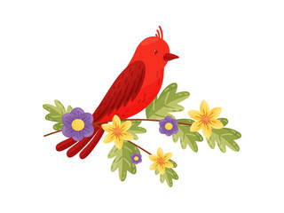 Red bird on white background. Vector flat illustration.