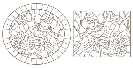 A set of contour illustrations of stained glass frogs sitting on tree branches, dark contours on a white background