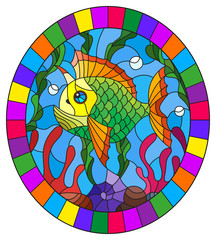 Illustration in stained glass style with  bright  fish on the background of water and algae,oval picture in a bright frame