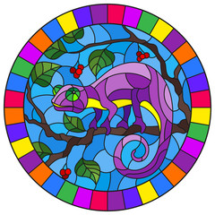 Illustration in stained glass style with bright purple chameleon on plant branches background with leaves and berries on blue background, round image