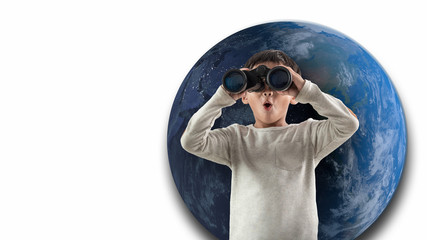Boys with binoculars,inspiration and vision concept.