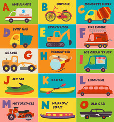 alphabet card with transport A  to O - vector illustration, eps