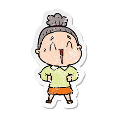 distressed sticker of a cartoon happy old lady