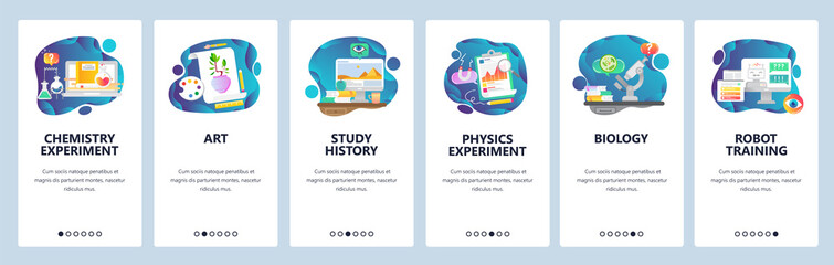 Mobile app onboarding screens. School education subjects, chemistry, physics, history, art, biology. Menu vector banner template for website and mobile development. Web site design flat illustration.