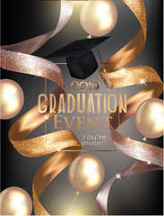 Graduation party 2019 invitation card with golden ribbons and air balloons. Vector illustration