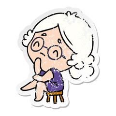 distressed sticker cartoon of a cute kawaii lady thinking