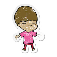 distressed sticker of a cartoon smug boy