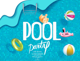 Pool party poster with inflatable toy objects in swimming pool water. View above. Vector illustration