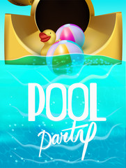 Pool party poster with inflatable toys and water yellow slide.  Vector illustration