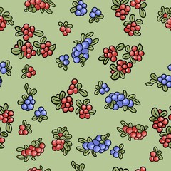 Red and blue berries colorful seamless pattern. Cowberry, lingonberry, blueberry