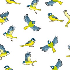 Fototapeta premium Cartoon style titmouse spring birds colorful seamless pattern