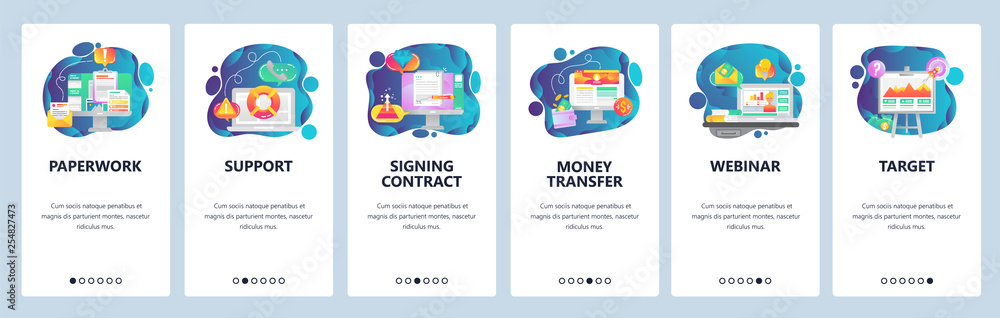 Aufkleber mobile app onboarding screens. office paperwork, business webinar, sign contract. menu vector banner