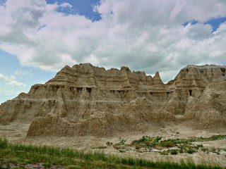 Mysterious view of land and rock formations at the Badlands National Park in South Dakota.