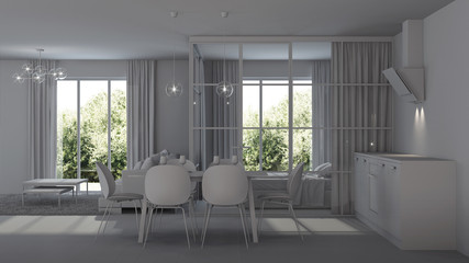 Modern house interior. Bedroom with glass partitions. Gray interior.    3D rendering.