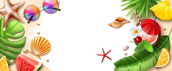 Vector hello summer poster tropical fruits leaves © belokrylowa