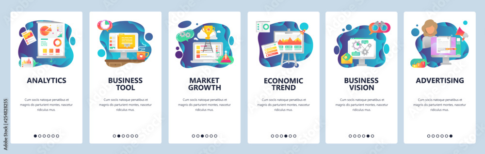 Poster mobile app onboarding screens. business analytics, marketing and financial report. menu vector banne