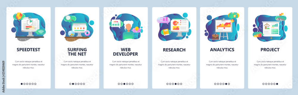 Poster mobile app onboarding screens. business plan, financial research and analytics. menu vector banner t