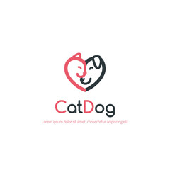 Vector logo with cat and dog in heart shape. Pet and animals care symbol
