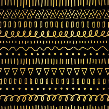 Golden doodles seamless vector pattern. Gold foil Ethnic tribal motifs. Hand drawn metallic doodle strokes, lines, triangles repeating background. Party invitation, birthday card, wedding celebration