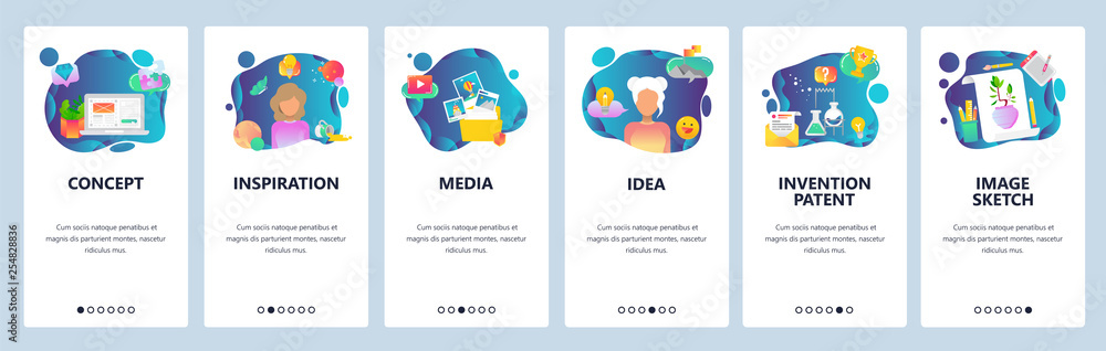 Poster mobile app onboarding screens. creative idea, imagination and inspiration, art and science. menu vec