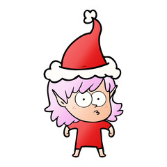 gradient cartoon of a elf girl staring wearing santa hat